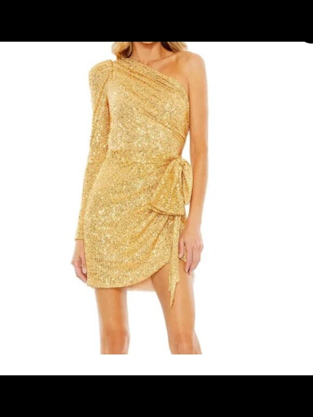 Mac Duggal Gold One-Shoulder Sequin Mini Dress Size 12 NWT